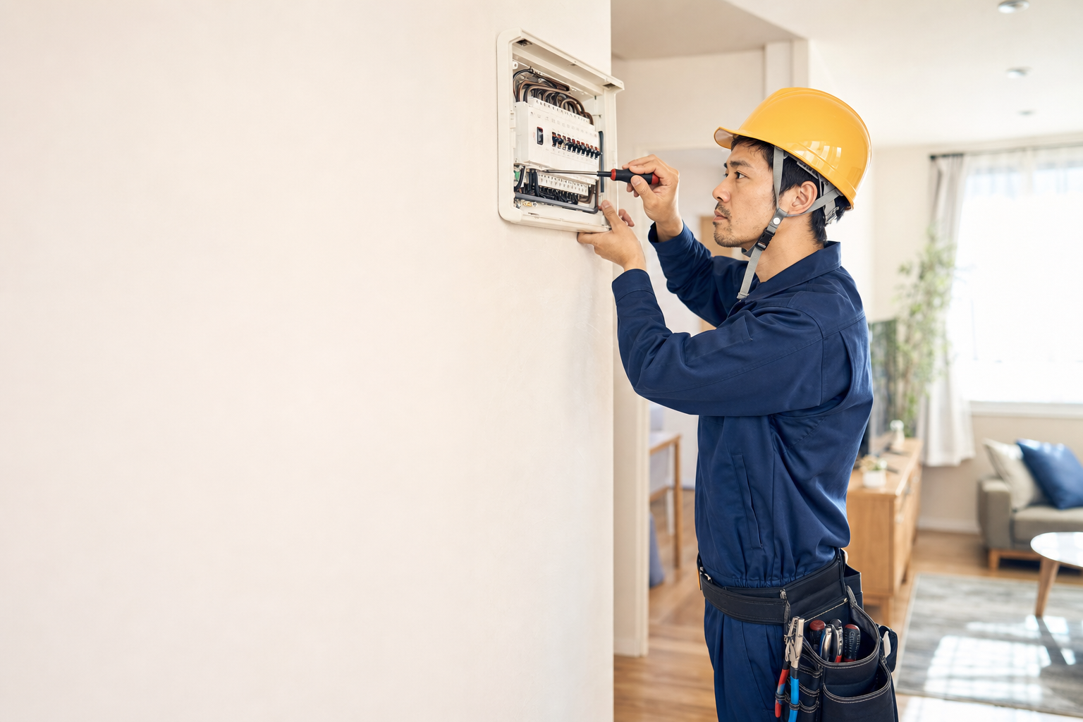 住宅の分電盤を点検する電気工事士